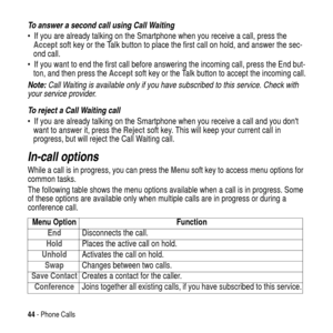 Page 4444- Phone Calls
To answer a second call using Call Waiting
 If you are already talking on the Smartphone when you receive a call, press the
Accept soft key or the Talk button to place the first call on hold, and answer the sec-
ond call.
 If you want to end the first call before answering the incoming call, press the End but-
ton, and then press theAccept
 soft key or the Talk button to accept the incoming call.
Note: Call Waiting is available only if you have subscribed to this service. Check with...