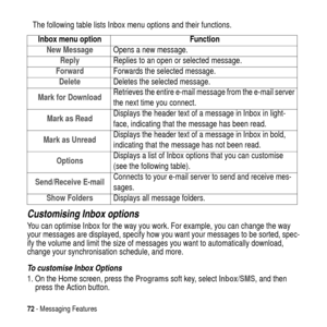 Page 7272- Messaging Features
The following table lists Inbox menu options and their functions.
Customising Inbox options
You can optimise Inbox for the way you work. For example, you can change the way
your messages are displayed, specify how you want your messages to be sorted, spec-
ify the volume and limit the size of messages you want to automatically download,
change your synchronisation schedule, and more.
To customise Inbox Options
1. On the Home screen, press theProgramssoft key, selectInbox/SMS, and...