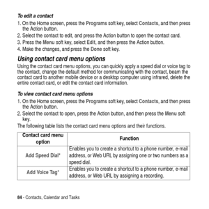 Page 8484- Contacts, Calendar and Tasks
To edit a contact
1. On the Home screen, press theProgramssoft key, selectContacts, and then press
the Action button.
2. Select the contact to edit, and press the Action button to open the contact card.
3. Press theMenusoft key, selectEdit, and then press the Action button.
4. Make the changes, and press theDonesoft key.
Using contact card menu options
Using the contact card menu options, you can quickly apply a speed dial or voice tag to
the contact, change the default...