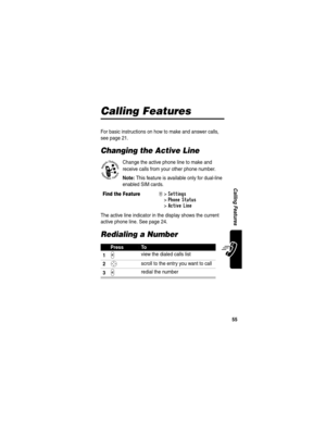 Page 57 
55
Calling Features
Calling Features
For basic instructions on how to make and answer calls, 
see page 21.
Changing the Active Line
Change the active phone line to make and 
receive calls from your other phone number.
Note: This feature is available only for dual-line 
enabled SIM cards.
The active line indicator in the display shows the current 
active phone line. See page 24.
Redialing a Number
Find the FeatureM>Settings 
>
Phone Status 
>
Active Line
PressTo
1
N view the dialed calls list
2S scroll...