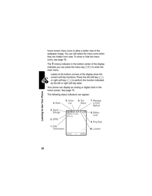 Page 30 
28
Learning to Use Your Phone
home screen menu icons to allow a better view of the 
wallpaper image. You can still select the menu icons when 
they are hidden from view. To show or hide the menu 
icons, see page 76.
The 
e (menu) indicator in the bottom center of the display 
indicates you can press the menu key (
M) to enter the 
main menu.
Labels at the bottom corners of the display show the 
current soft key functions. Press the left soft key (
-) 
or right soft key (
+) to perform the function...