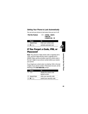 Page 51 
49
Learning to Use Your Phone
Setting Your Phone to Lock Automatically
You can set your phone to lock every time you turn it off:
If You Forget a Code, PIN, or 
Password
Note: Your phone’s 4-digit unlock code is originally set to 
1234, and the 6-digit security code is originally set to 
000000. Many service providers reset the unlock code to 
the last 4 digits of your phone number before you receive 
your phone.
If you forget your unlock code, try entering 1234 or the last 
4 digits of your phone...