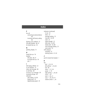 Page 113113
Index 
F
fax call
connecting to external device
  
48
incoming call format, setting
  
49
ßashing cursor, deÞned
  37
FM radio headset
  46, 61
for hands-free use
  54
G
greeting, display  51
H
hands-free use  54
headset
FM radio
  46, 61
for hands-free use
  54
jack
  1
I
idle display, deÞned  22
in use indicator
  23
inbox, text message
  66
in-call timer
  49
Incoming Call message  28
incoming call type
  49
indicators
alert setting
  24, 80
battery level
  24
digital/analog signal
  24indicators...