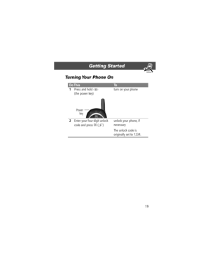 Page 1919
Getting Started 
Turning Your Phone On
Do ThisTo
1
Press and hold P
(the power key)turn on your phone
2Enter your four-digit unlock 
code and press 
OK (+)unlock your phone, if 
necessary
The unlock code is 
originally set to 1234.
Power
key
User.Guide.Tarpon.book  Page 19  Thursday, April 26, 2001  2:23 PM 