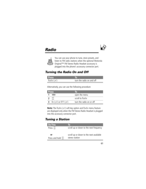 Page 6161
Radio
You can use your phone to tune, store presets, and 
listen to FM radio stations when the optional Motorola 
Originalª FM Stereo Radio Headset accessory is 
plugged into the phoneÕs accessory connector port.
Turning the Radio On and Off
Alternatively, you can use the following procedure:
Note: The 
Radio (+) soft key option and Radio menu feature 
are displayed only when the FM Stereo Radio Headset is plugged 
into the accessory connector port.
Tuning a Station
PressTo
Radio (+) turn the radio on...