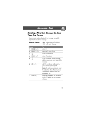 Page 7171
MessagesÑText 
Sending a New Text Message to More 
Than One Person
You can create and send a single text message to multiple 
recipients. To create the message:
Find the FeatureM> Messages > Text Msgs
M> Create Message
PressTo
1
CHANGE (+)select To
2BROWSE (+)open the Browse Menu
3S scroll to Phonebook
4SELECT (+)select Phonebook
5S scroll to a phone number or email 
address where you want to send the 
message
6ADD (+)add the number or address to the 
group of message recipients
Note: To add more...