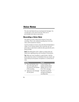 Page 7676
Voice Notes
The voice note feature lets you record personal messages. You 
can play back a voice note at any time. There are no 
pre-recorded voice notes on your phone.
Recording a Voice Note
Your phone can store a total of two minutes of voice note 
recordings. (That is, the combined recording time of all voice 
notes cannot exceed two minutes.)
Use this procedure to record a voice note when the idle display is 
visible, or use it during a phone call to record the call. Your 
phone plays an alert...