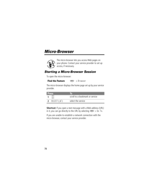 Page 7878
Micro-Browser
The micro-browser lets you access Web pages on 
your phone. Contact your service provider to set up 
access, if necessary.
Starting a Micro-Browser Session
To open the micro-browser:
The micro-browser displays the home page set up by your service 
provider.
Shortcut: If you open a text message with a Web address (URL) 
in it, you can go directly to the URL by selecting 
M > Go To.
If you are unable to establish a network connection with the 
micro-browser, contact your service provider....