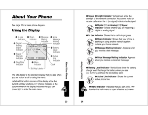 Page 1323About Your Phone
About Your PhoneSee page 1 for a basic phone diagram.Using the DisplayThe
idle display
 is the standard display that you see when 
you are 
not
 on a call or using the menu.
Labels at the bottom corners of the display show the 
current soft key functions. A 
M (menu) indicator at the 
bottom center of the display indicates that you can 
press
M
 to enter the main menu.

F
	
 ! #
M O
,X& 5E
è
w
P
Clock➐
Battery
Level
Indicator
➌
In Use
Indicator
➍
Roam
Indicator
➎...