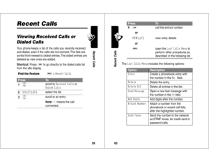 Page 3159Recent Calls
Recent CallsViewing Received Calls or 
Dialed CallsYour phone keeps a list of the calls you recently received 
and dialed, even if the calls did not connect. The lists are 
sorted from newest to oldest entries. The oldest entries are 
deleted as new ones are added.
Shortcut: Press
N
 to go directly to the dialed calls list 
from the idle display.
Find the Feature
M
>(	

Press
To
1
S
scroll to 
()2,	

 or 
),	

2


 (+
)select the list
3
S
scroll to an entry...