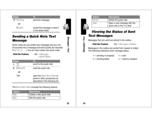 Page 4893Messages—Text
Sending a Quick Note Text 
MessageQuick notes are pre-written text messages that you can 
incorporate into a message and send quickly (for example, 			!!!
). You can also create new quick notes.
The
8*)(/	
	*
 includes the following options: 17
-
 (-
)
or

 (+
)send the message
cancel the message or save it 
in the drafts folder
Find the Feature
M
>>8*)(/	

Press
To
1
S
scroll to the quick note
2

 (+
)
or
M
read the quick note
open the 
8*)(/	
	*
 to...