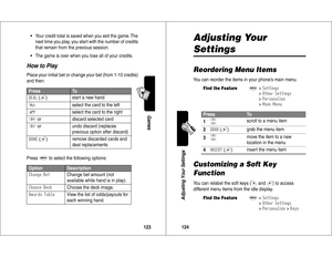 Page 63123Games
A7
A
•Your credit total is saved when you exit the game. The 
next time you play, you start with the number of credits 
that remain from the previous session.
•The game is over when you lose all of your credits.How to PlayPlace your initial bet or change your bet (from 1-10 credits) 
and then:
Press
M
 to select the following options:
Press
To

 (+
)start a new hand
4
  select the card to the left
6
  select the card to the right
5
 or discard selected card
5
 or undo discard (replaces...