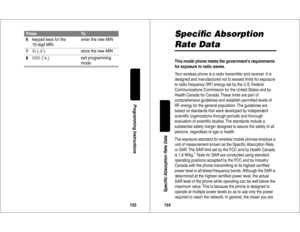 Page 78153Programming Instructions
6keypad keys for the 
10-digit MINenter the new MIN
7

 (+
)store the new MIN
8

 (-
)exit programming 
mode
Press
To
154Specific Absorption Rate Data
Speciﬁc Absorption Rate DataThis model phone meets the government’s requirements 
for exposure to radio waves.
Your wireless phone is a radio transmitter and receiver. It is 
designed and manufactured not to exceed limits for exposure 
to radio frequency (RF) energy set by the U.S. Federal 
Communications Commission for...