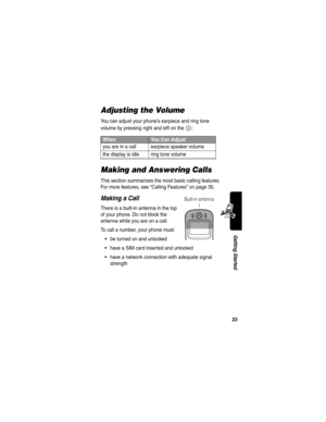 Page 2523
Getting Started
Adjusting the Volume
You can adjust your phone’s earpiece and ring tone 
volume by pressing right and left on the 
S:
Making and Answering Calls
This section summarizes the most basic calling features. 
For more features, see “Calling Features” on page 35.
Making a Call
There is a built-in antenna in the top 
of your phone. Do not block the 
antenna while you are on a call.
To call a number, your phone must:
be turned on and unlocked
have a SIM card inserted and unlocked
have a...