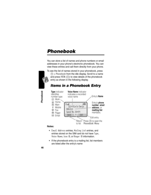 Page 4846
Phonebook
Phonebook
You can store a list of names and phone numbers or email 
addresses in your phone’s electronic phonebook. You can 
view these entries and call them directly from your phone.
To see the list of names stored in your phonebook, press 
M>Phonebook from the idle display. Scroll to a name 
and press 
VIEW(+) to view details of the phonebook 
entry as shown in the following display.
Items in a Phonebook Entry
Notes: 

Email Address entries, Mailing List entries, and 
entries stored on...