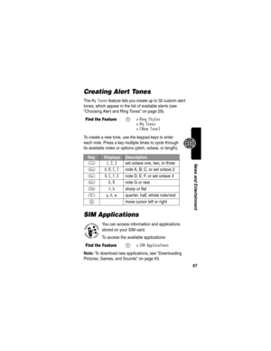 Page 6967
News and Entertainment
Creating Alert Tones
The My Tones feature lets you create up to 32 custom alert 
tones, which appear in the list of available alerts (see 
“Choosing Alert and Ring Tones” on page 29).
To create a new tone, use the keypad keys to enter 
each note. Press a key multiple times to cycle through 
its available notes or options (pitch, octave, or length). 
SIM Applications
You can access information and applications 
stored on your SIM card.
To access the available applications:
Note:...