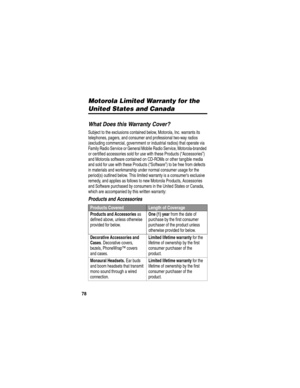 Page 8078
WarrantyMotorola Limited Warranty for the 
United States and Canada
What Does this Warranty Cover?
Subject to the exclusions contained below, Motorola, Inc. warrants its 
telephones, pagers, and consumer and professional two-way radios 
(excluding commercial, government or industrial radios) that operate via 
Family Radio Service or General Mobile Radio Service, Motorola-branded 
or certified accessories sold for use with these Products (“Accessories”) 
and Motorola software contained on CD-ROMs or...