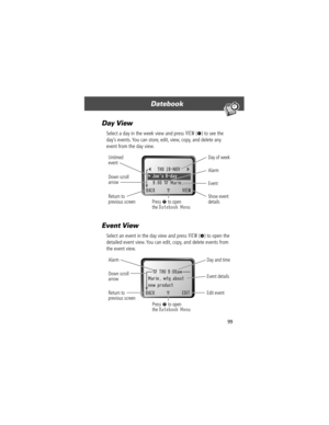 Page 10199
Datebook 
Day View
Select a day in the week view and press VIEW (+) to see the 
dayÕs events. You can store, edit, view, copy, and delete any 
event from the day view.
Event View
Select an event in the day view and press VIEW (+) to open the 
detailed event view. You can edit, copy, and delete events from 
the event view.
{THU 19-NOV}
¥ Joes B-day 
9:00 
A Marie,...
BACK VIEW
Day of week
Show event
details Return to
previous screen Untimed
event
Alarm
Event  Down scroll
arrow
Press M to open
the...