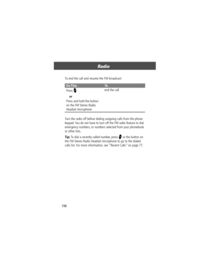Page 108Radio
106To end the call and resume the FM broadcast:
Turn the radio off before dialing outgoing calls from the phone 
keypad. You do not have to turn off the FM radio feature to dial 
emergency numbers, or numbers selected from your phonebook 
or other lists.
Tip: To dial a recently called number, press 
N or the button on 
the FM Stereo Radio Headset microphone to go to the dialed 
calls list. For more information, see ÒRecent CallsÓ on page 77.
Do ThisTo
Press O
or
Press and hold the button 
on the FM...