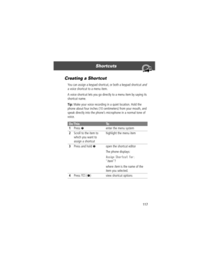 Page 119117
Shortcuts 
Creating a Shortcut
You can assign a keypad shortcut, or both a keypad shortcut and 
a voice shortcut to a menu item.
A voice shortcut lets you go directly to a menu item by saying its 
shortcut name.
Tip: Make your voice recording in a quiet location. Hold the 
phone about four inches (10 centimeters) from your mouth, and 
speak directly into the phoneÕs microphone in a normal tone of 
voice.
Do ThisTo
1
Press Menter the menu system
2Scroll to the item to 
which you want to 
assign a...