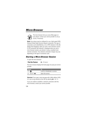 Page 128126
Micro-Browser
The micro-browser lets you access Web pages on 
your phone. Contact your service provider to set up 
access, if necessary.
Note: Your phone may be conÞgured to use a high-speed GPRS 
(General Packet Radio Service) network connection. This type of 
connection can be identiÞed by a 
Ž or GPRS indicator in the idle 
display that disappears when you start a micro-browser session. 
If a 
W (connected call) indicator is displayed when you start a 
micro-browser session, your phone is using a...