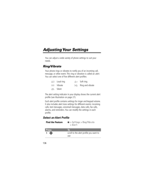 Page 138136
Adjusting Your  Settings
You can adjust a wide variety of phone settings to suit your 
needs.
Ring/Vibrate
Your phone rings or vibrates to notify you of an incoming call, 
message, or other event. This ring or vibration is called an 
alert. 
You can select one of Þve different alert proÞles:
The alert setting indicator in your display shows the current alert 
proÞle (see illustration on page 27).
Each alert proÞle contains settings for ringer and keypad volume. 
It also includes alert tone settings...