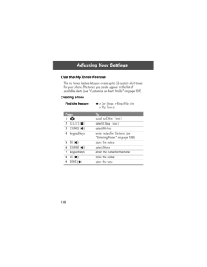Page 140Adjusting Your Settings
138
Use the My Tones Feature
The my tones feature lets you create up to 32 custom alert tones 
for your phone. The tones you create appear in the list of 
available alerts (see ÒCustomize an Alert ProÞleÓ on page 137).
Creating a Tone
Find the FeatureM> Settings > Ring/Vibrate
> My Tones
PressTo
1
S scroll to [New Tone]
2SELECT (+) select [New Tone]
3CHANGE (+) select Notes
4keypad keys enter notes for the tone (see 
ÒEntering NotesÓ on page 139)
5OK (+) store the notes
6CHANGE...