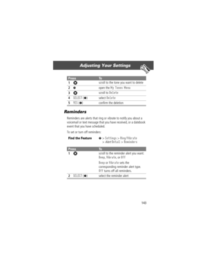 Page 145143
Adjusting Your Settings 
Reminders
Reminders are alerts that ring or vibrate to notify you about a 
voicemail or text message that you have received, or a datebook 
event that you have scheduled.
To set or turn off reminders:
PressTo
1
S scroll to the tone you want to delete
2M open the My Tones Menu
3S scroll to Delete
4SELECT (+) select Delete
5YES (-) conÞrm the deletion
Find the FeatureM> Settings > Ring/Vibrate
> Alert Detail > Reminders
PressTo
1
S scroll to the reminder alert you want: 
Beep,...
