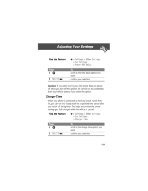 Page 151149
Adjusting Your Settings 
Caution: If you select Continuous, the phone does not power 
off when you turn off the ignition. Be careful not to accidentally 
drain your vehicle battery if you select this option.
Charger Time
When your phone is connected to the Easy-Install Hands-Free 
Kit, you can set it to charge itself for a speciÞed time period after 
you switch off the ignition. This helps ensure that the phone 
battery gets fully charged while the vehicle is parked.
Find the FeatureM> Settings >...