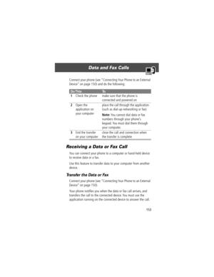 Page 155153
Data and Fax Calls 
Connect your phone (see ÒConnecting Your Phone to an External 
DeviceÓ on page 150) and do the following:
Receiving a Data or Fax Call
You can connect your phone to a computer or hand-held device 
to receive data or a fax.
Use this feature to transfer data to your computer from another 
device.
Transfer the Data or Fax
Connect your phone (see ÒConnecting Your Phone to an External 
DeviceÓ on page 150).
Your phone notiÞes you when the data or fax call arrives, and 
transfers the...