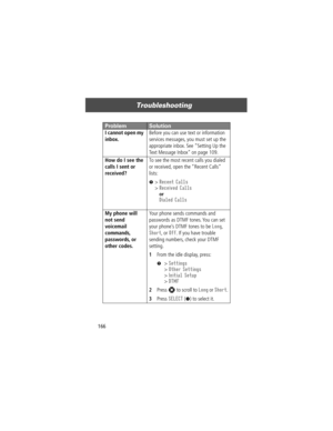 Page 168Troubleshooting
166I cannot open my 
inbox. Before you can use text or information 
services messages, you must set up the 
appropriate inbox. See ÒSetting Up the 
Text Message InboxÓ on page 109.
How do I see the 
calls I sent or 
received? To see the most recent calls you dialed 
or received, open the ÒRecent CallsÓ 
lists:
M> Recent Calls
> Received Calls
or
Dialed Calls
My phone will 
not send 
voicemail 
commands, 
passwords, or 
other codes. Your phone sends commands and 
passwords as DTMF tones....