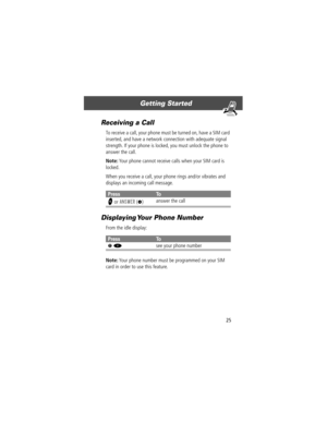 Page 2725
Getting Started 
Receiving a Call
To receive a call, your phone must be turned on, have a SIM card 
inserted, and have a network connection with adequate signal 
strength. If your phone is locked, you must unlock the phone to 
answer the call.
Note: Your phone cannot receive calls when your SIM card is 
locked.
When you receive a call, your phone rings and/or vibrates and 
displays an incoming call message.
Displaying Your Phone Number
From the idle display:
Note: Your phone number must be programmed...