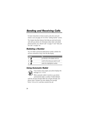 Page 3634
Sending and Receiving Calls
For basic instructions on how to send a call, end a call, and 
receive a call, see pages 24Ð25 of the ÒGetting StartedÓ section.
This chapter describes features that help you send and receive 
calls with your phone. For information about other call-related 
phone functions, see ÒRecent CallsÓ on page 77 and ÒData and 
Fax CallsÓ on page 150.
Redialing a Number
You can redial a previously dialed phone number, whether the 
call was connected or busy. From the idle display:...