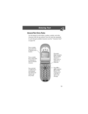 Page 5553
Entering Text 
General Text Entry Rules
Use the keypad to enter letters, numbers, symbols, and other 
characters with the tap method. Press the same key repeatedly 
to cycle through available characters (see the ÒCharacter ChartÓ 
on page 54):
Msg:
CANCEL)
 )BROWSE
Press a number
key to enter text
at ßashing cursor
location.
Press a number
key as many times
as necessary to
enter the desired
character.
Press and hold
a number key to
cycle between
tap method and
numeric text
entry mode.
Press left or...