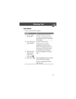 Page 5957
Entering Text 
Enter Words
To enter a word with iTAP software:
Do ThisTo
1
Press a number 
key one timeenter the Þrst letter of the word
The letters associated with the key 
you pressed are shown at the bottom 
of the display.
2Press number keys 
(one per letter)enter the rest of the word
Alternative words and letter 
combinations are shown at the 
bottom of the display based on the 
keys you press. These word choices 
are updated with each keypress.
3When you have 
entered all the 
letters of the...