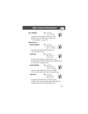 Page 6967
Menu Feature Descriptions 
CALL FORWARD  M> Settings
> Call Forward
Set options for forwarding incoming voice, data, 
and/or fax calls to another phone number. See 
ÒCall ForwardingÓ on page 144.
PHONE STATUS  
My Tel.  Numbers   M> Settings
> Phone Status
> My Tel. Numbers
View, enter, and edit information about your 
name and phone number.
Credit Info  M> Settings
> Phone Status
> Credit Info
View the credit available, its expiration date, and 
the date of the last deposit. (This feature is...