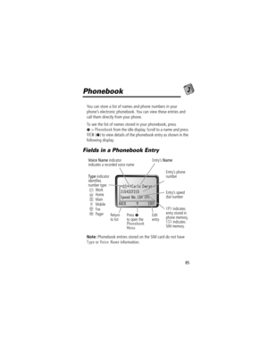 Page 8785
Phonebook
You can store a list of names and phone numbers in your 
phoneÕs electronic phonebook. You can view these entries and 
call them directly from your phone.
To see the list of names stored in your phonebook, press 
M > Phonebook from the idle display. Scroll to a name and press 
VIEW (+) to view details of the phonebook entry as shown in the 
following display.
Fields in a Phonebook Entry
Note: Phonebook entries stored on the SIM card do not have 
Type or Voice Name information.
$*Carlo Emrys...
