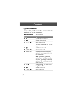 Page 96Phonebook
94
Copy Multiple Entries
To copy multiple phonebook entries from your phone to the SIM 
card or from the SIM card to your phone:
Find the FeatureM> Phonebook
PressTo
1
M open the Phonebook Menu
2S scroll to Copy Entries
3SELECT (+) select Copy Entries
The phone displays the Copy Entries 
form.
4S scroll to From (start)
5CHANGE (+) select From (start)
6keypad keys enter the Þrst (lowest) speed dial 
number in the range of entries that 
you want to copy
Note: Entries with a speed dial 
number...