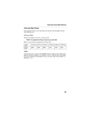 Page 10395
Advanced Voice Mail Features
Time and Date Charts
Time and Date Charts can be referenced for specific tasks throughout Nextel 
Voice Mail service.
24-hour Clock
Nextel Voice Mail service uses a 24-hour clock:
NOTE: To compute the 24-hour clock for pm, add 1200.
Below is a list of hours translated into 24-hour time: 
Dates
All dates must have 4 digits in the MM/DD format (2 digits for the month and 2 
digits for the day). January is 01, February is 02, etc. The first day of the month 
is 01, the second...