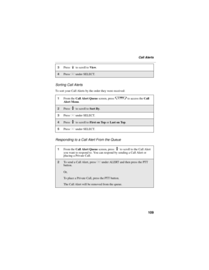 Page 117109
Call Alerts
Sorting Call Alerts
To sort your Call Alerts by the order they were received:
Responding to a Call Alert From the Queue
3Press R to scroll to View.
4Press C under SELECT.
1From the Call Alert Queue screen, press q to access the Call 
Alert Menu.
2Press S to scroll to Sort By.
3Press C under SELECT.
4Press S to scroll to First on Top or Last on Top.
5Press C under SELECT.
1From the Call Alert Queue screen, press S to scroll to the Call Alert 
you want to respond to. You can respond by...