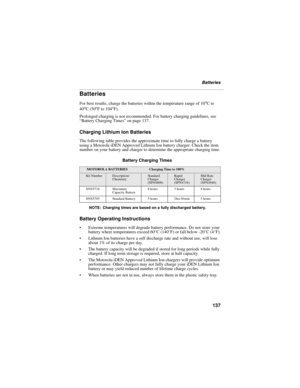 Page 145137
Batteries
Batteries
For best results, charge the batteries within the temperature range of 10oC to 
40oC (50oF to 104oF).
Prolonged charging is not recommended. For battery charging guidelines, see 
“Battery Charging Times” on page 137.
Charging Lithium Ion Batteries
The following table provides the approximate time to fully charge a battery 
using a Motorola iDEN Approved Lithium Ion battery charger. Check the item 
number on your battery and charger to determine the appropriate charging time....
