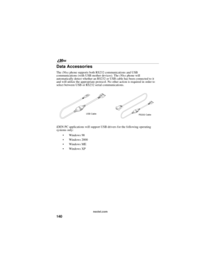Page 148140
nextel.com
Data Accessories
The i30sx phone supports both RS232 communications and USB 
communications (with USB mother devices). The i30sx phone will 
automatically detect whether an RS232 or USB cable has been connected to it 
and will utilize the appropriate protocol. No other action is required in order to 
select between USB or RS232 serial communications.
iDEN PC applications will support USB drivers for the following operating 
systems only:
Windows 98
Windows 2000
Windows ME
Windows XP...