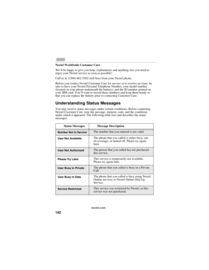 Page 150142
nextel.com
Nextel Worldwide Customer Care 
We’ll be happy to give you help, explanations and anything else you need to 
enjoy your Nextel service as soon as possible!
Call us at 1(360) 662-5202 (toll free) from your Nextel phone.
Before you contact Nextel Customer Care for service or to resolve an issue, be 
sure to have your Nextel Personal Telephone Number, your model number 
(located on your phone underneath the battery), and the ID number printed on 
your SIM card. You’ll want to record these...