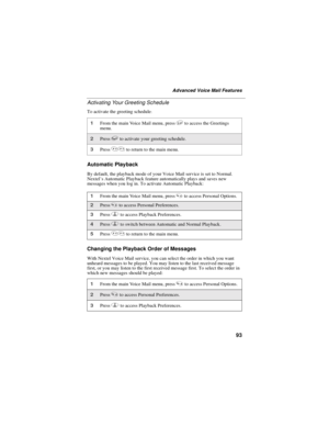 Page 10193
Advanced Voice Mail Features
Activating Your Greeting Schedule
To activate the greeting schedule:
Automatic Playback
By default, the playback mode of your Voice Mail service is set to Normal.
Nextel’s Automatic Playback feature automatically plays and saves new
messages when you log in. To activate Automatic Playback:
Changing the Playback Order of Messages
With Nextel Voice Mail service, you can select the order in which you want
unheard messages to be played. You may listen to the last received...