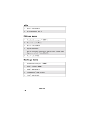 Page 122114
nextel.com
Editing a Memo
Deleting a Memo
3PressCunder SELECT.
4To call this number, presss.
1From the idle screen, pressq.
2Pressto scroll toMemo.
3PressCunder SELECT.
4Type the new number.
You can delete a digit by pressing
Cunder DELETE. To delete all the
digits, press and hold
Cunder DELETE.
5PressCunder STORE.
1From the idle screen, pressq.
2PressSto scroll to Memo.
3PressCunder SELECT.
4Press and holdCunder DELETE.
5PressCunder STORE.
R 