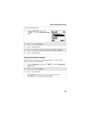 Page 5143
About Phonebook Entries
To sort your Phonebook list:
Checking Phonebook Capacity
Your Phonebook can store up to 250 separate numbers. To see how many
entries are stored in your Phonebook:
1From thePhonebookscreen, pressqto view thePhonebook Menu
screen.
2PressRto scroll toSort By.
3PressCunder SELECT.
4PressRto scroll to the desired sorting method:NameorSpeed #.
5PressCunder SELECT.
1From thePhonebookscreen, pressqto view thePhonebook
Menuscreen.
2PressRto scroll toCapacity.
3PressCunder SELECT....