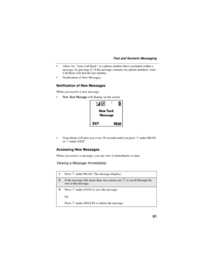 Page 8981
Text and Numeric Messaging
Allow for“Auto Call Back”of a phone number that is included within a
message, by pressing
s. If the message contains two phone numbers, Auto
Call Back will dial the last number.
Notification of New Messages.
Notification of New Messages
When you receive a new message:
New Text Messagewilldisplayonthescreen.
Your phone will alert you every 30 seconds until you press
Cunder READ
or
Cunder EXIT.
Accessing New Messages
When you receive a message, you can view it immediately...