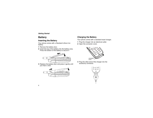 Page 124Getting StartedBatteryInserting the BatteryYour phone comes with a Standard Lithium Ion 
battery.
1Remove the battery door.
2Insert the top of the battery into the battery area. 
Press the bottom of the battery to secure it
3Replace the battery door and press it gently until 
you hear a click.
Charging the BatteryYour phone comes with a standard travel charger.
1Plug the charger into an electrical outlet.
2Open the connector cover.
3Plug the other end of the charger into the 
accessory connector....