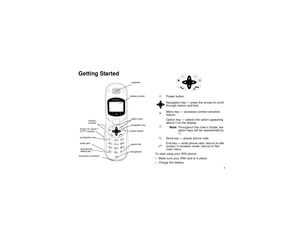 Page 9 1
Getting Started
To start using your i530 phone:
Make sure your SIM card is in place.
Charge the battery.
accessory connectorvolume 
controlsPUSH TO TALK
TM
(PTT
TM) button
microphone
earpiecedisplay screen
punctuation key
back/pause
dialing key
navigation keyspace keypower button
audio jackoption keys
pPower button.
Navigation key — press the arrows to scroll 
through menus and lists.
mMenu key — accesses context-sensitive 
menus.
AOption key — selects the option appearing 
above it on the display....