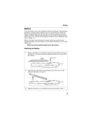 Page 199
Battery
Battery
Youri58srphone comes with a Lithium Ion battery and charger. After attaching
the battery, you must charge it before you use it for the first time. When you
charge your phone battery for the first time, you need to charge it for at least
charge 30 minutes longer than the time shown in the “Battery Charging Times”
table on page 173. After the initial charging, the battery can be charged the time
shownonpage173.
Remove the battery from the protective plastic safety tray provided in the...